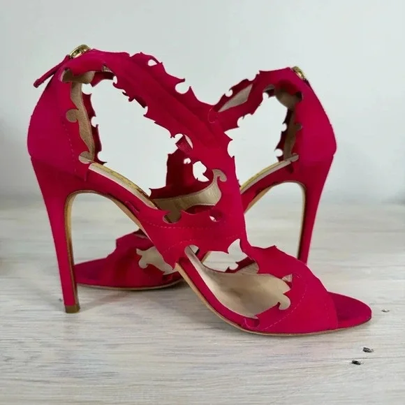 Rupert Sanderson Floria Pink Fuchsia Suede Cutout Peep Toe‎ Heeled Sandals - Picture 4 of 16